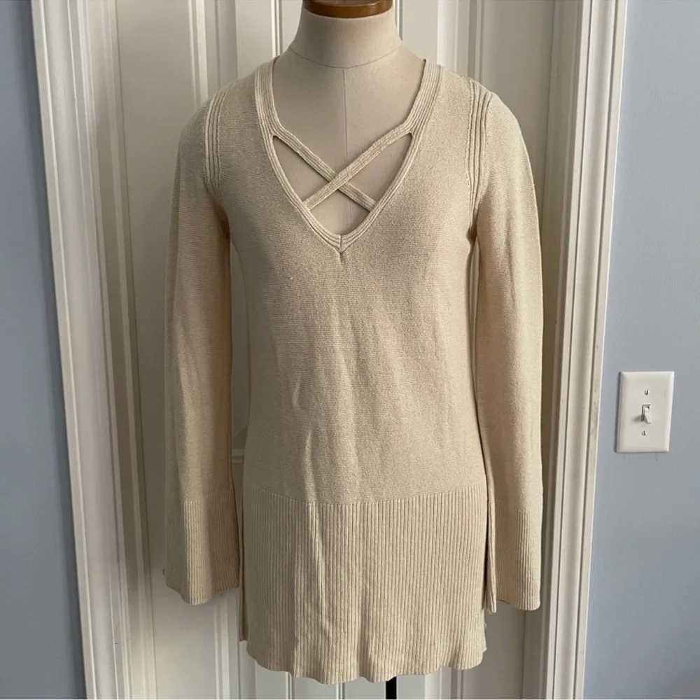 Free People small crisscross tunic sweater top cream side slits linen